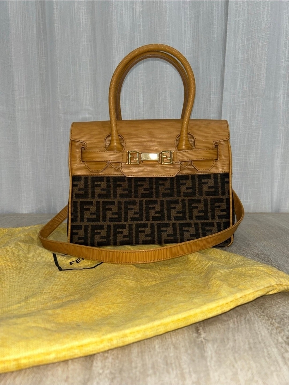 **Firm Price** Fendi Zucca Brown & Tan FF Logo Top-Handle Bag